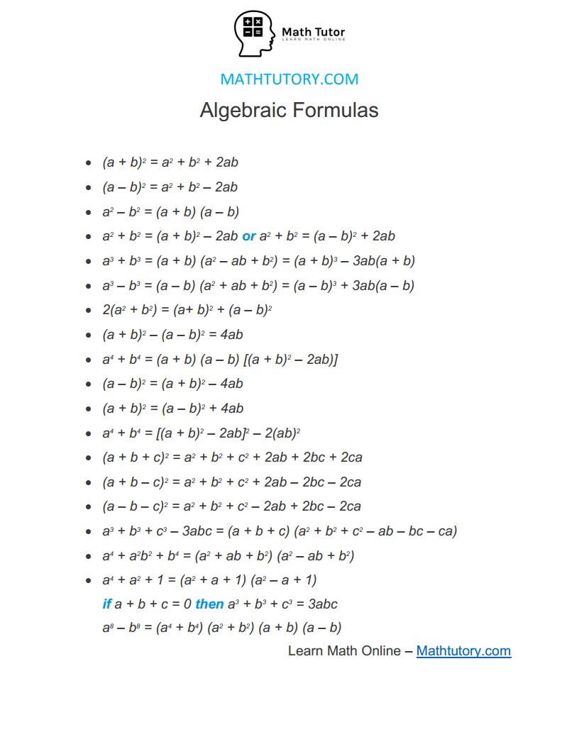 algebra formulas list